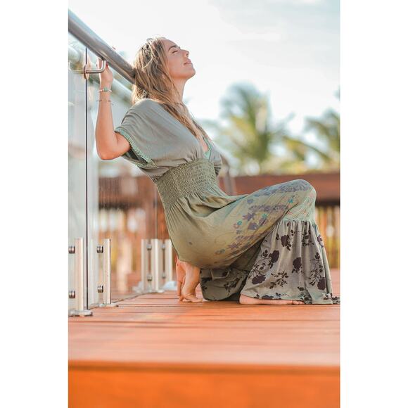 Floral Green Maxi Dress by T. ZOVICH Mixed Media Smocked Waist Crochet Trim - Picture 12 of 12